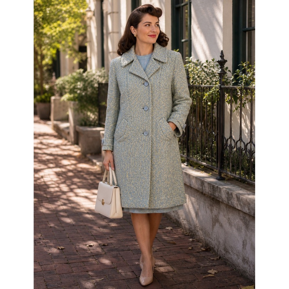 Vintage 50s‎ 60s Glenbrooke Wool Tweed Blue Yellow ILGWU Union Swing Car Coat